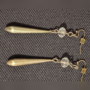 Vintage Petal Drop Gold Brass and Clear Glass Dangle Earrings